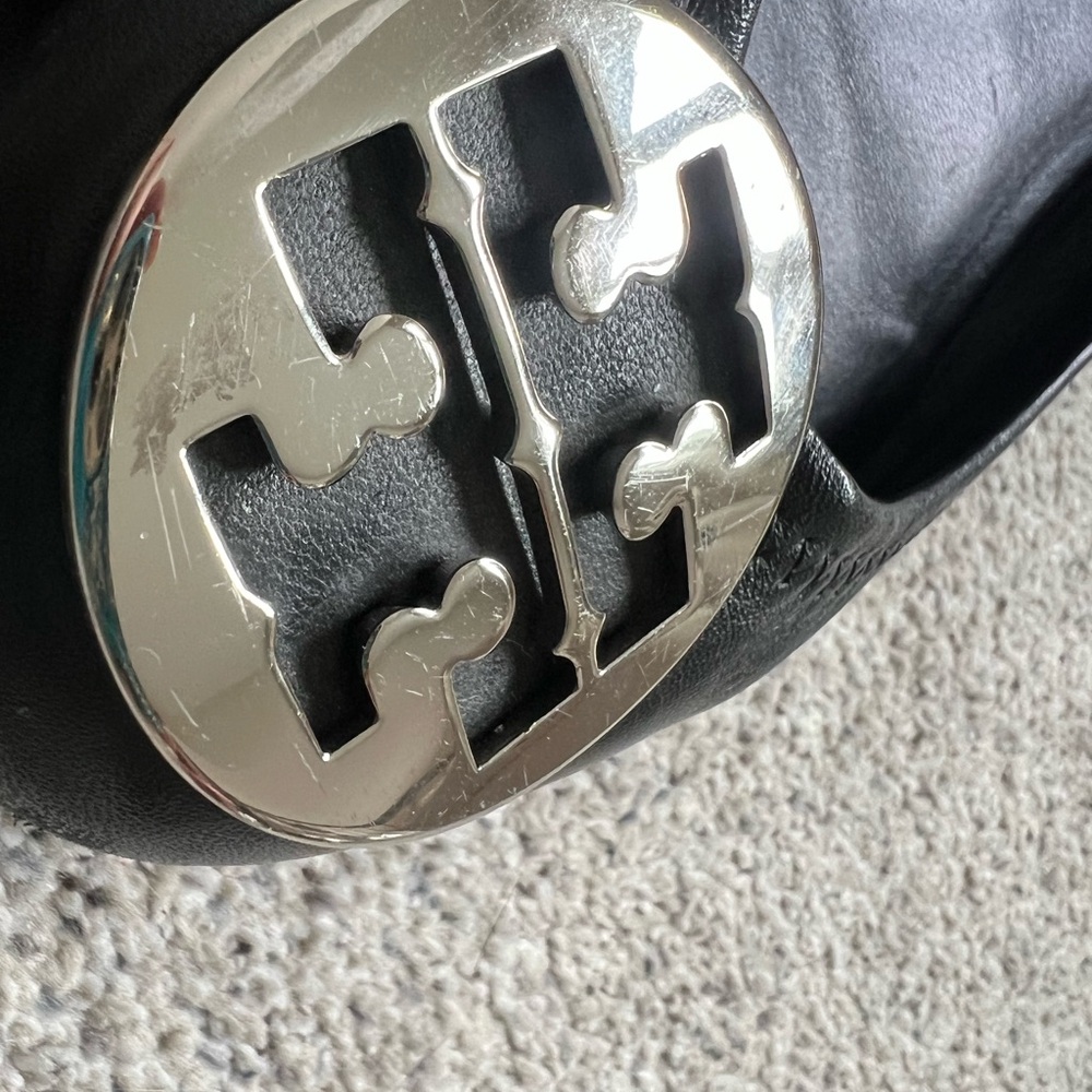 Tory Burch Black Flats with Silver Logo - Picture 7 of 10